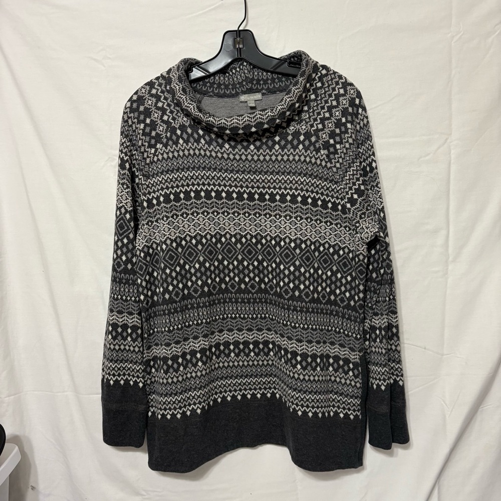 T by Talbots grey, black, and white Fair Isle print longline cowl neck sweater